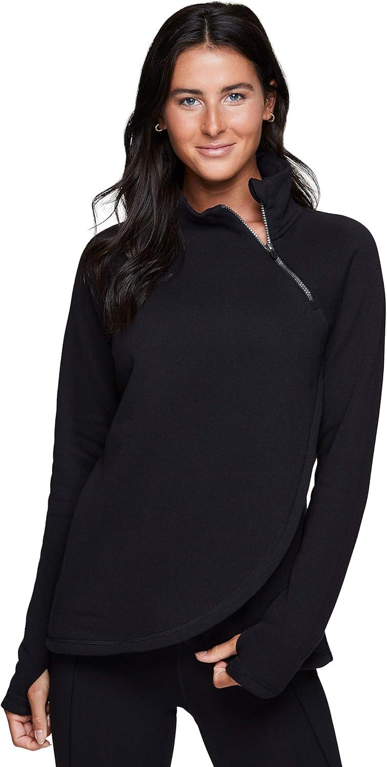 image:imageRBX Activewear Womens Fleece Sweatshirt Fashion Pullover With Pockets Zip Mock Neck and Thumb HolesBlack