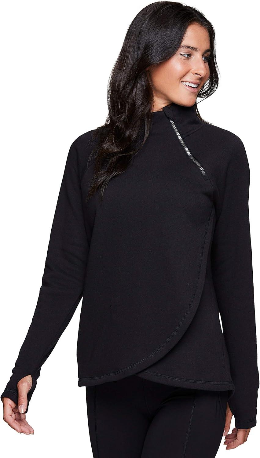 image:imageRBX Activewear Womens Fleece Sweatshirt Fashion Pullover With Pockets Zip Mock Neck and Thumb HolesBlack