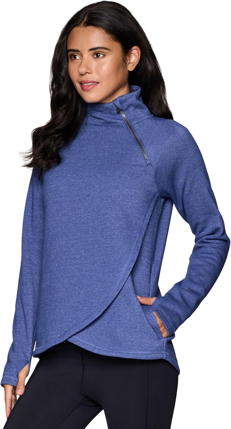 image:imageRBX Activewear Womens Fleece Sweatshirt Fashion Pullover With Pockets Zip Mock Neck and Thumb HolesCobalt