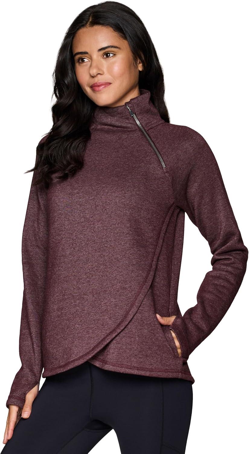 image:imageRBX Activewear Womens Fleece Sweatshirt Fashion Pullover With Pockets Zip Mock Neck and Thumb HolesDried Plum