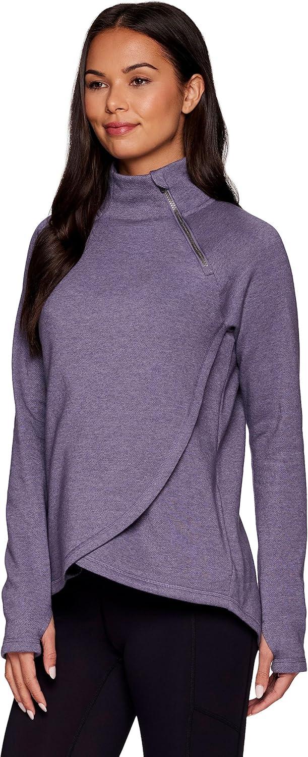 image:imageRBX Activewear Womens Fleece Sweatshirt Fashion Pullover With Pockets Zip Mock Neck and Thumb HolesGrape