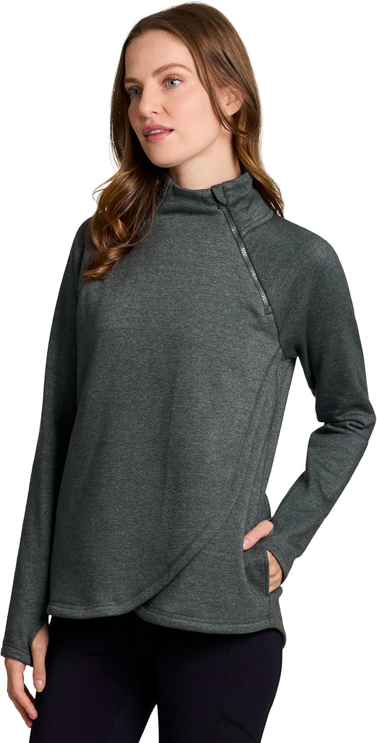 image:imageRBX Activewear Womens Fleece Sweatshirt Fashion Pullover With Pockets Zip Mock Neck and Thumb HolesGreen Slate Heather