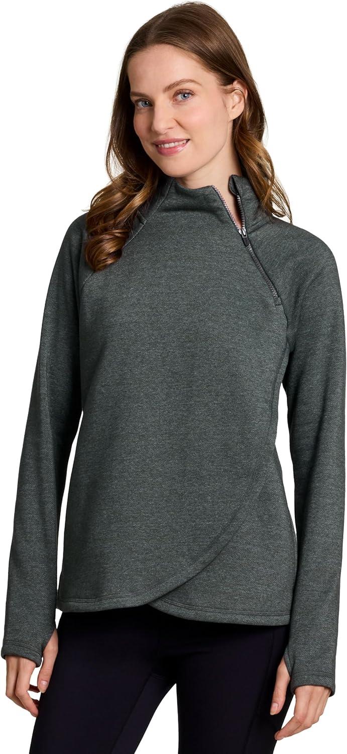 image:imageRBX Activewear Womens Fleece Sweatshirt Fashion Pullover With Pockets Zip Mock Neck and Thumb HolesGreen Slate Heather