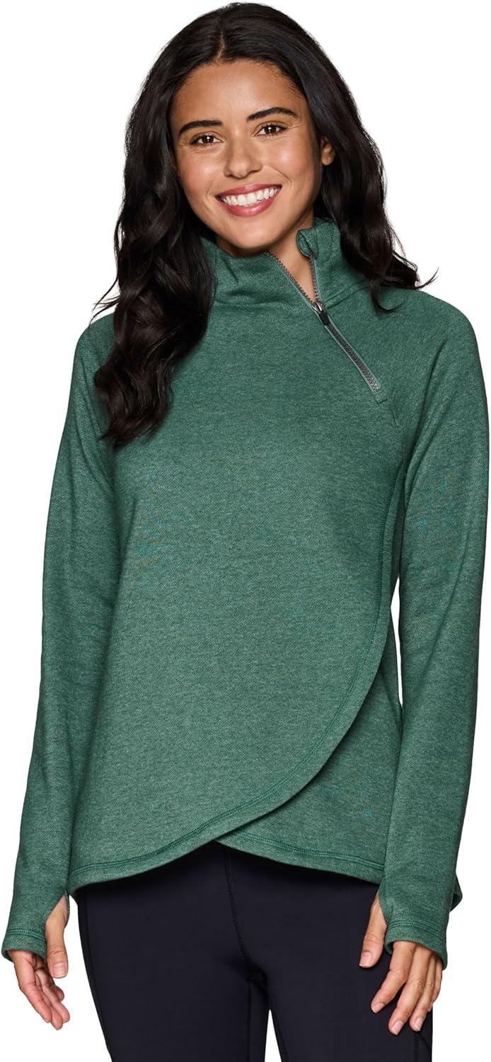 image:imageRBX Activewear Womens Fleece Sweatshirt Fashion Pullover With Pockets Zip Mock Neck and Thumb HolesPine Green Heather