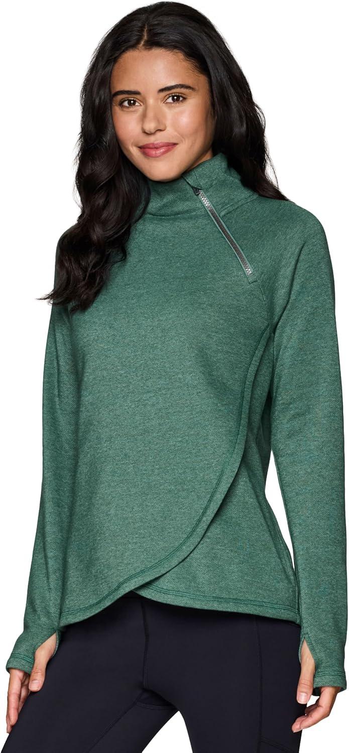 image:imageRBX Activewear Womens Fleece Sweatshirt Fashion Pullover With Pockets Zip Mock Neck and Thumb HolesPine Green Heather