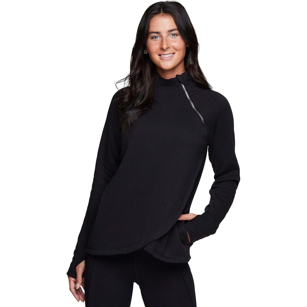 image:imageRBX Activewear Womens Fleece Sweatshirt Fashion Pullover With Pockets Zip Mock Neck and Thumb HolesBlack