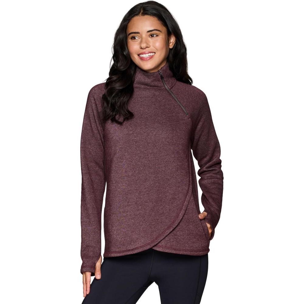 image:imageRBX Activewear Womens Fleece Sweatshirt Fashion Pullover With Pockets Zip Mock Neck and Thumb HolesDried Plum