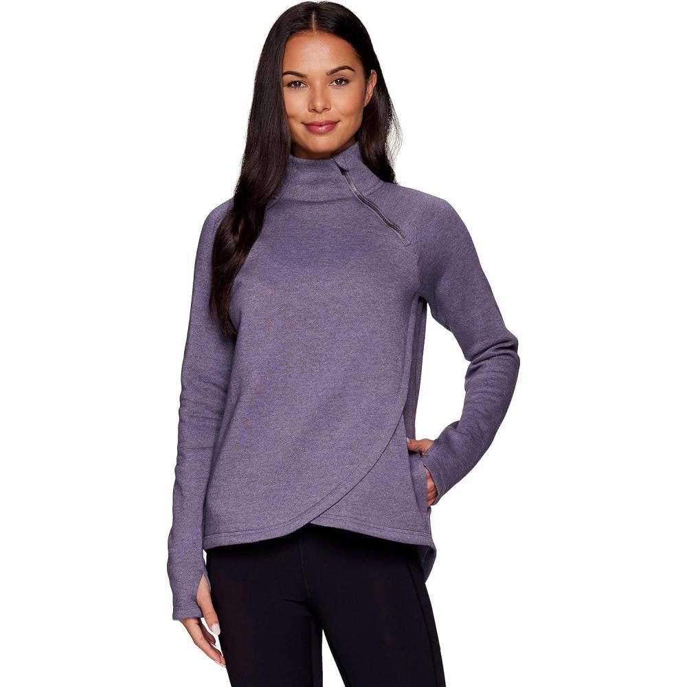 image:imageRBX Activewear Womens Fleece Sweatshirt Fashion Pullover With Pockets Zip Mock Neck and Thumb HolesGrape