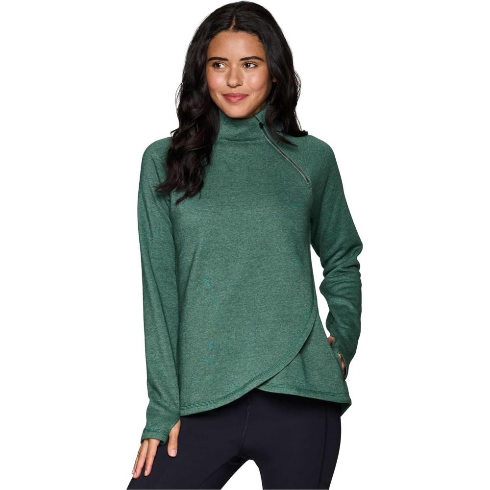 image:imageRBX Activewear Womens Fleece Sweatshirt Fashion Pullover With Pockets Zip Mock Neck and Thumb HolesPine Green Heather
