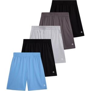 image:imageRBX Boys Athletic Shorts  5 Pack Breathable Performance Mesh Boys Basketball Shorts with Pockets Youth Kids Gym ActivewearGrey Light Blue Black