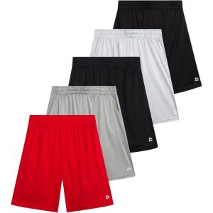 image:imageRBX Boys Athletic Shorts  5 Pack Breathable Performance Mesh Boys Basketball Shorts with Pockets Youth Kids Gym ActivewearGriffin Red Grey Black