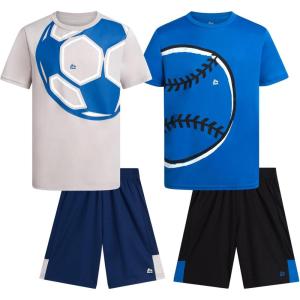 image:imageRBX Boys Shorts Set  4 Piece Poly Interlock Soft Fleece Short Sleeve Graphic Tees and Athletic Gym Shorts for BoysBlue BaseballGrey Soccer