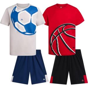 image:imageRBX Boys Shorts Set  4 Piece Poly Interlock Soft Fleece Short Sleeve Graphic Tees and Athletic Gym Shorts for BoysGrey SoccerRed Basketball